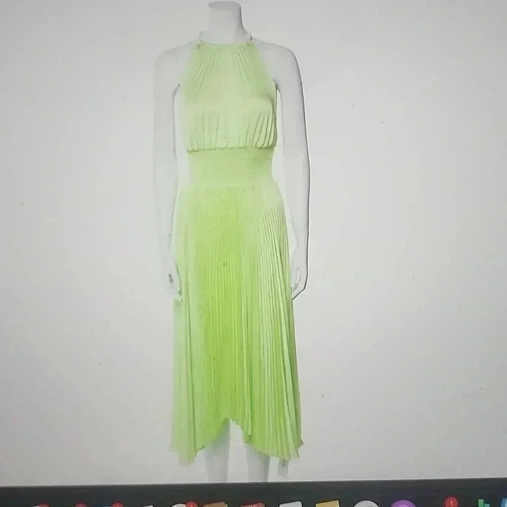 A.L.C GREEN SLEEVELESS RENZO II PLEATED HI-LOW MIDI DRESS SIZE 00